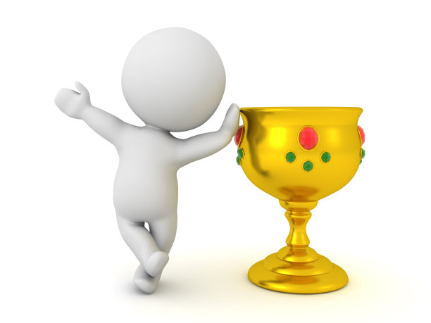 3D人物靠在金色的高脚杯上图片下载