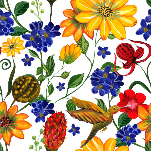 水粉画了鲜艳的花朵、树叶和小鸟。无缝模式。设计织物，纺织品，床上用品，窗帘，墙纸，背景，包装，封面，包装纸。图片下载