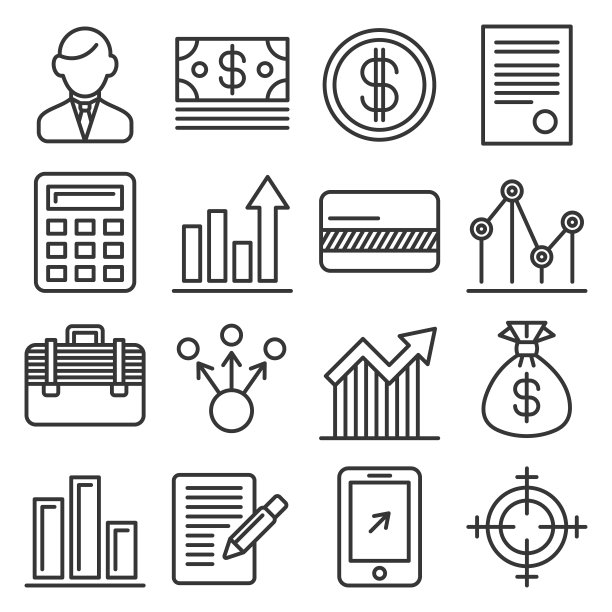 商业、金钱和管理图标集，线条风格矢量图片下载