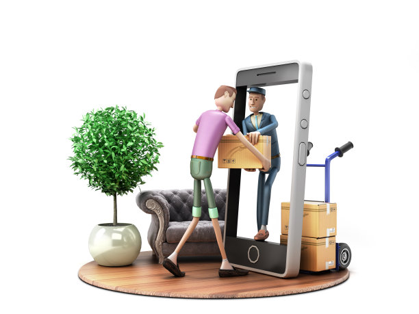 快速递送概念Courier通过智能手机3d渲染的白色屏幕将包裹传送给收件人图片下载