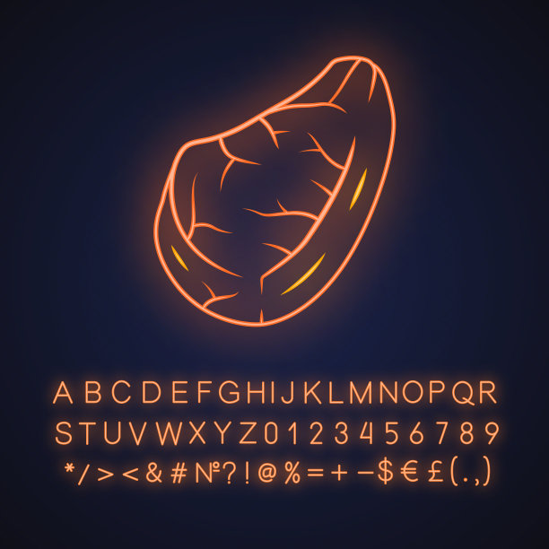 牛排霓虹灯图标。屠夫的肉。牛排。肉类生产销售。午餐和烧烤的配料。有字母、数字和符号的发光符号。向量孤立的插图图片下载
