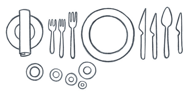 一套餐具-盘子，叉子和刀。铅笔插图。图片下载