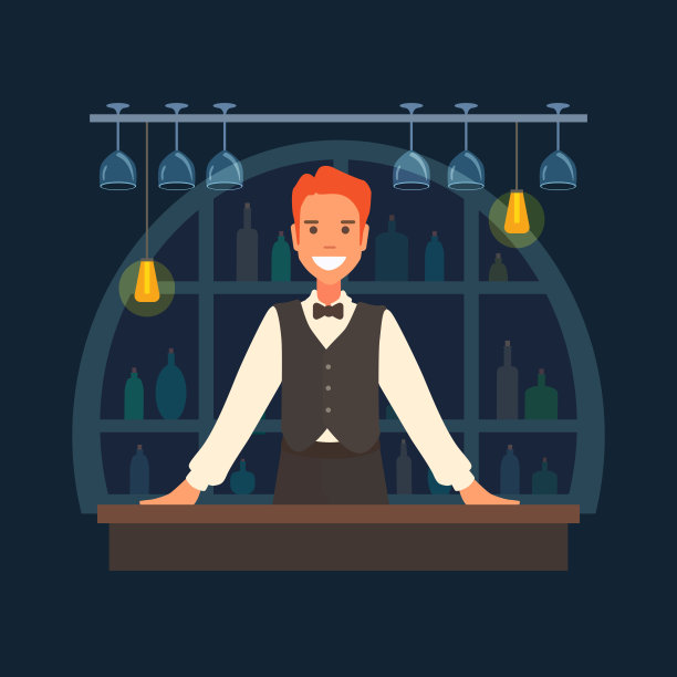 一位风度翩翩的酒保把手放在吧台上。货架与瓶子。酒杯从上面垂下来。图片下载