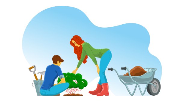 一个穿着红靴子的红头发女孩和一个穿着蓝色牛仔裤的年轻人正在花园里做园艺。图片下载