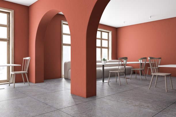 橙色餐厅角落与拱门和沙发图片下载