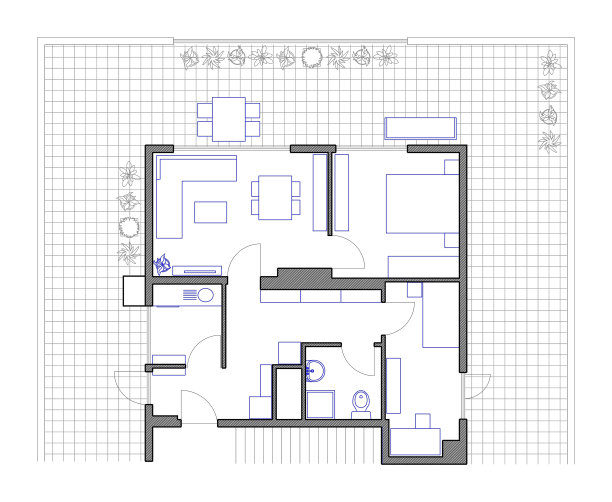 一个带有大阳台的两间卧室的小房子的二维建筑平面。白色背景的蓝色墙壁。图片下载