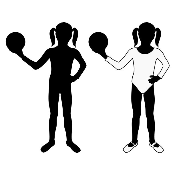 孩子剪影。女孩玩球在体操紧身衣图片下载