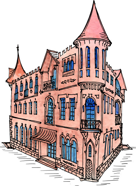 彩色水彩画一个古老的经典城市房子与炮塔图片下载