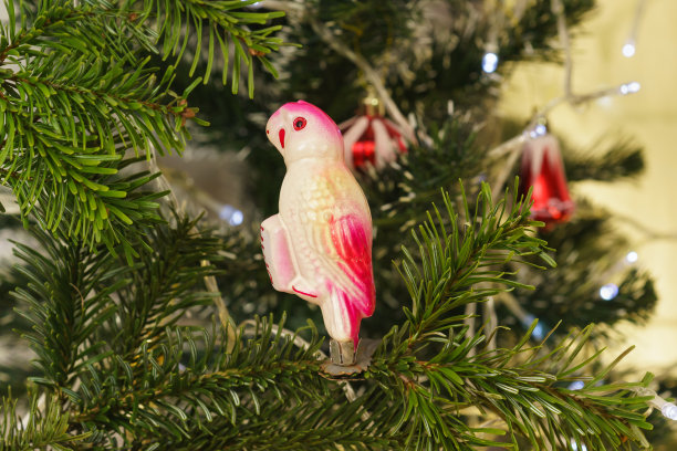 带有粉色翅膀的白色玻璃鹦鹉——新年前苏联圣诞树上的玩具图片下载