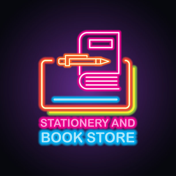 文具、书店的霓虹招牌为文具、图书做广告。矢量图图片下载
