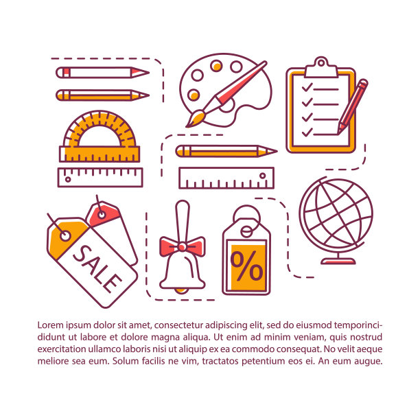 学校文具销售文章页向量模板。特别优惠。宣传册，杂志，小册子设计元素与线性图标和文本框。印刷设计。带有文本空间的概念插图图片下载