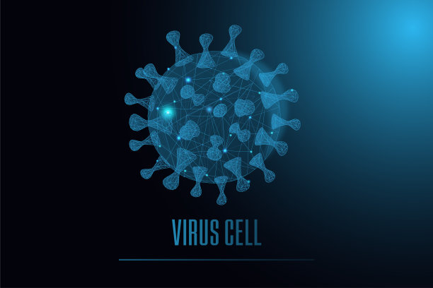 在蓝色抽象背景上发光的低聚病毒细胞。矢量插图。图片下载