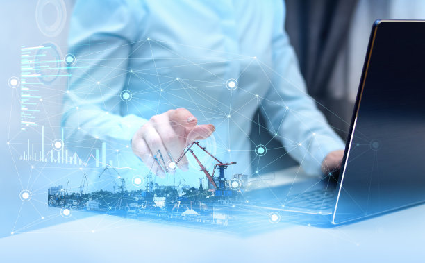 电脑上的全息图，港口的物流和贸易使用人工智能管理货物。促进人类劳动的未来技术图片下载