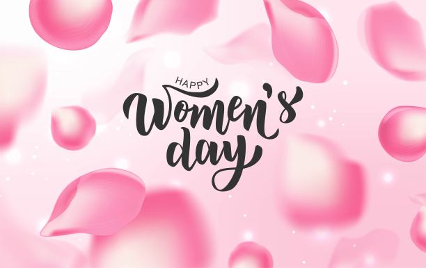 妇女节快乐手写文字与现实的玫瑰花瓣。矢量插图。8 .三月问候书法设计。海报，卡片，横幅的模板。图片下载