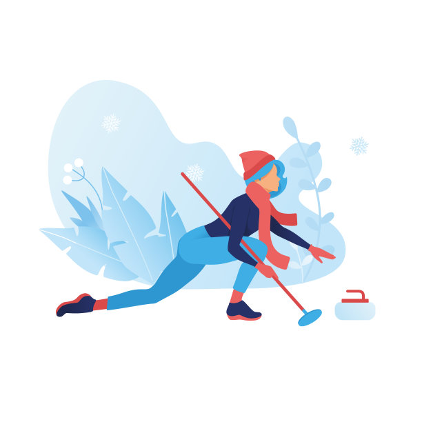 冬季运动冰壶比赛插画：女孩将冰壶推向中心，户外冰雪游戏卡通人物，冰冻植物背景矢量图图片下载