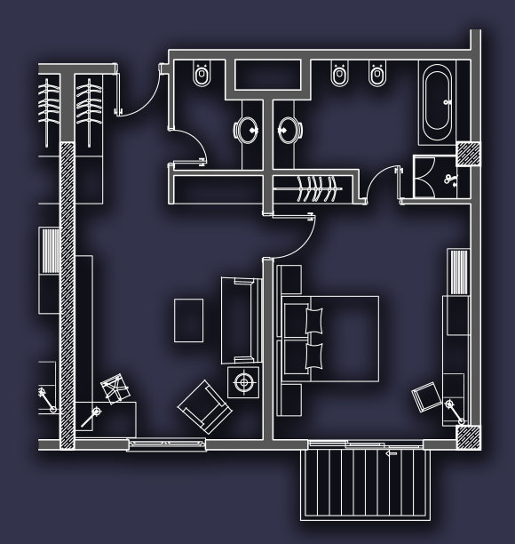 带阳台套房客房建筑平面图。深蓝色背景下的白线。图片下载