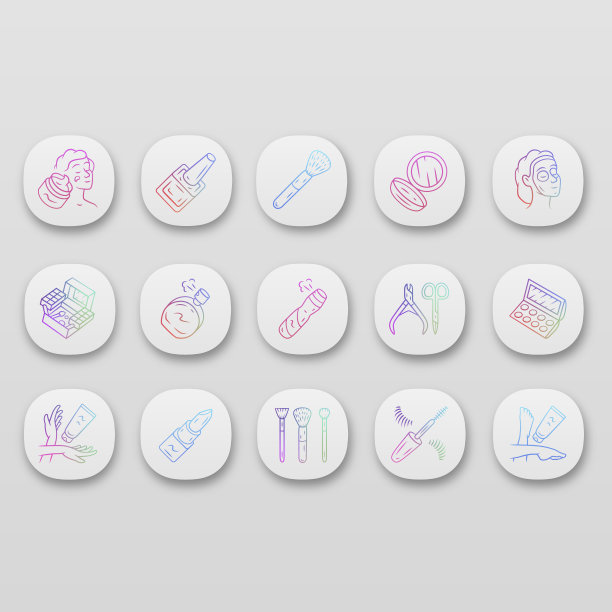 护肤产品、化妆品应用程序图标集。UI / UX的用户界面。女性卫生，化妆配件。Web或移动应用程序。向量孤立的插图。香水，口红，镜子，护肤霜图片下载