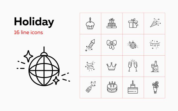 假日线路图标设置。装饰品、甜点、礼物、葡萄酒图片下载