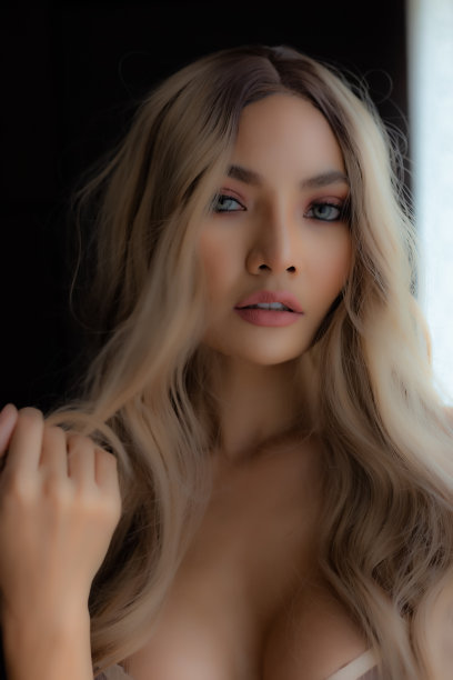 肖像特写美丽的年轻亚洲女人。迷人的美丽的年轻女孩有美丽的脸和金色的头发。迷人的金发女士看着镜头。她是一个很有魅力的女人图片下载