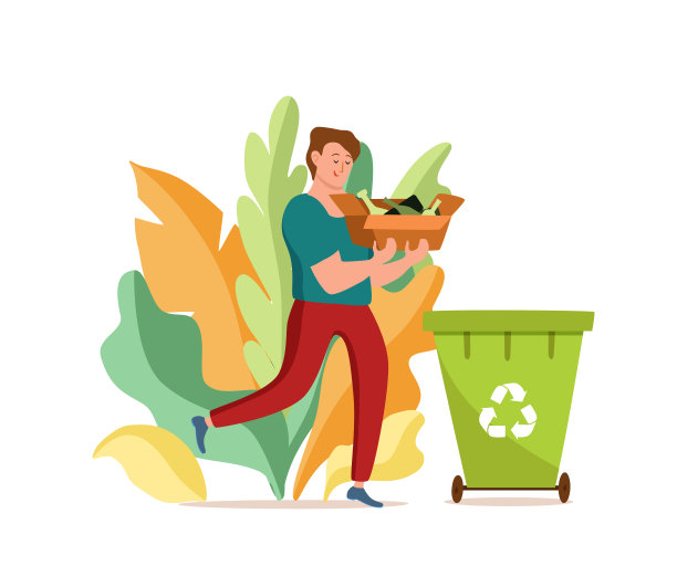 年轻人把玻璃垃圾扔进容器矢量插图。图片下载