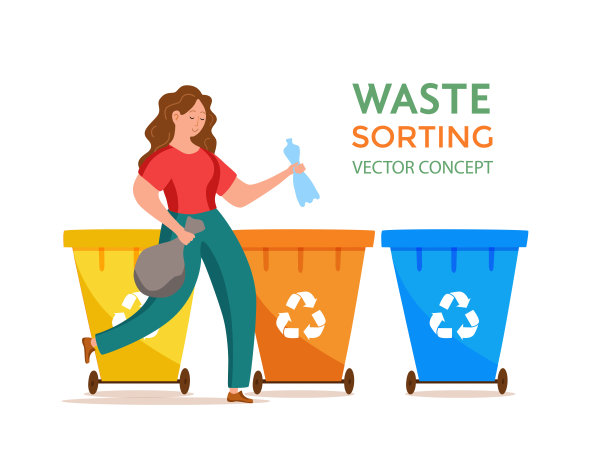 年轻女子扔塑料垃圾到容器矢量插图图片下载