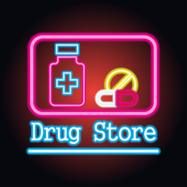 医药药店、药店为医药企业提供霓虹招牌、矢量插图图片下载