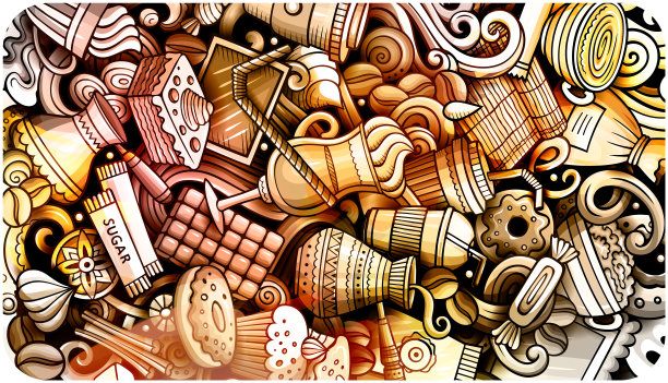 咖啡手绘涂鸦横幅。卡通详细的传单。图片下载