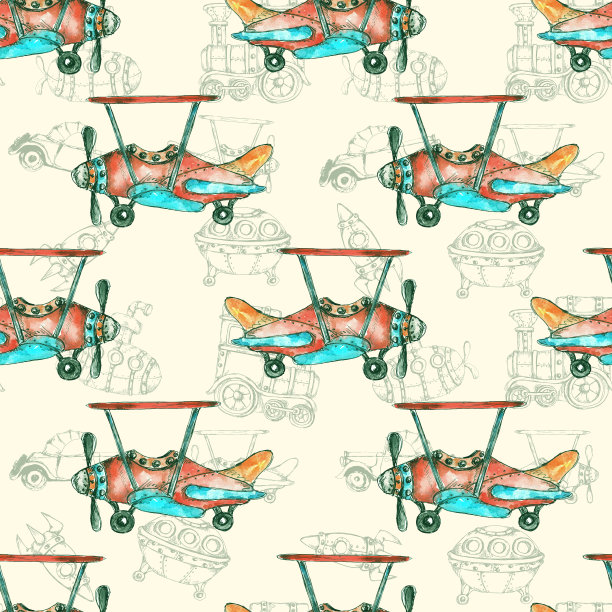 水彩手绘艺术复古蒸汽朋克汽车复古无缝模式图片下载