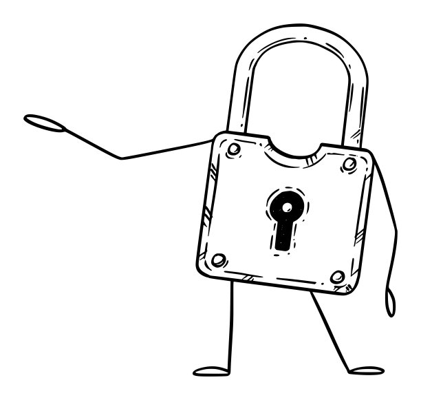 锁定或挂锁卡通人物用手指着某物，矢量插图图片下载