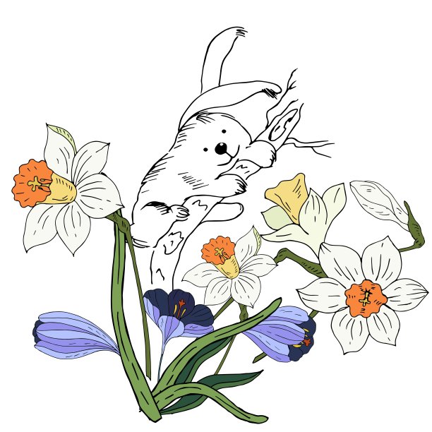 春天的花和兔子。矢量插图。图片下载