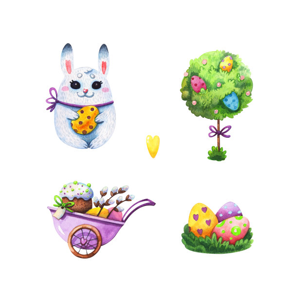 复活节兔子，手推车，树和彩蛋图片下载