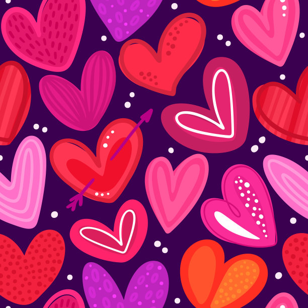 无缝图案的彩色心形与手绘纹理。为情人节设计。爱的象征。假日背景为封面，包装纸，织物，卡片，墙纸。向量illustratration素材图片