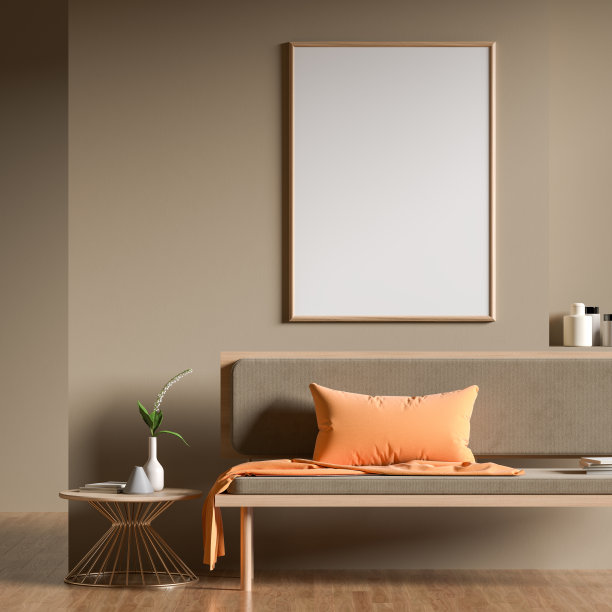 模拟海报框架在斯堪的纳维亚风格的室内与现代家具。简约的室内设计。3 d演示。图片下载