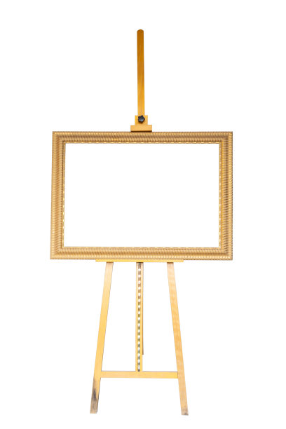 绘画站在木制的画架和空荡荡的古董金色框架孤立在白色的背景图片下载