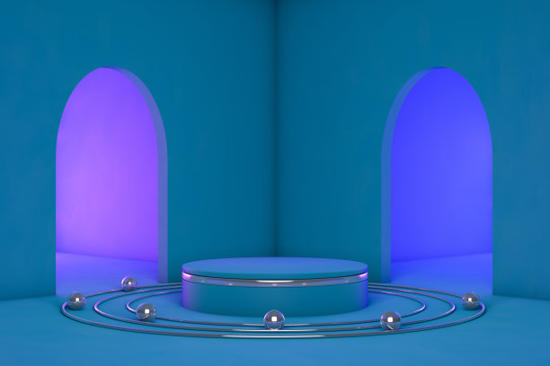 3D产品展示台蓝色背景霓虹灯素材图片