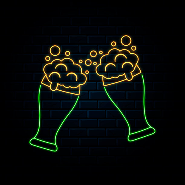 发光的霓虹灯和两个啤酒杯。向量孤立的插图。夜间酒吧背景图标。Led发光指示牌为酒吧招牌。图片下载