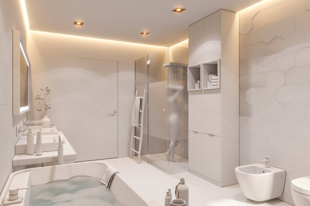 私人住宅浴室的3d插图。室内设计采用白色，没有纹理图片下载