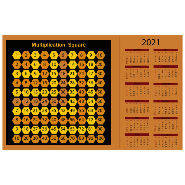 2021年的日历结合了蜂巢或不同阴影六边形的创造性乘法表，矢量插图图片下载