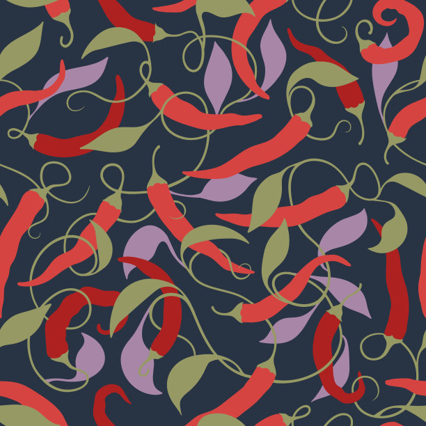 无缝手绘图案与辣椒辣椒。天然背景的纺织品，旗帜，包装纸和其他和设计。带着枝叶的辣椒。图片下载