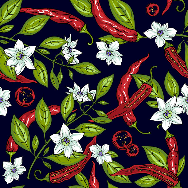 无缝手绘图案与辣椒辣椒。天然背景的纺织品，旗帜，包装纸和其他和设计。带着枝叶的辣椒。图片下载