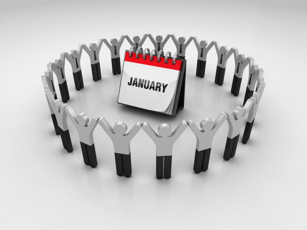 象形文字团队与一月日历- 3D渲染图片下载