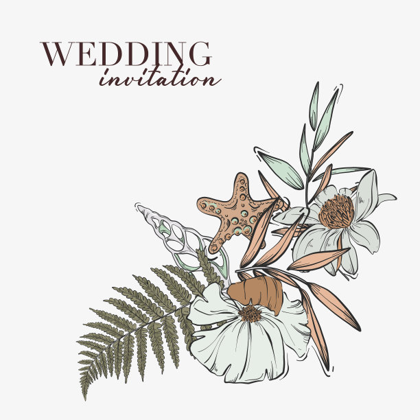 轮廓花概念:木兰，潘帕斯草，sar，海贝，叶框架背景。婚礼手绘矢量构成的假日设计。邀请模板图片下载