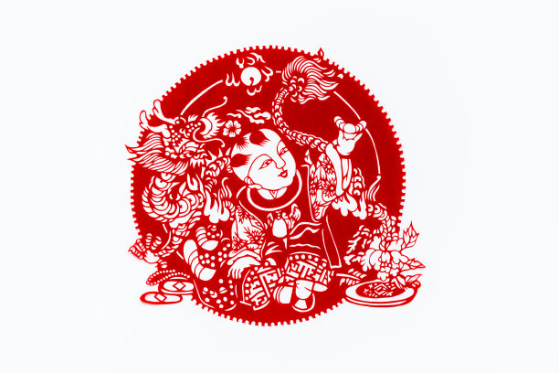 中国传统剪纸艺术图案、花窗。象征着幸福和好运。中国新年装饰元素。汉字(幸福、长寿、和平、财富、丰饶)素材图片