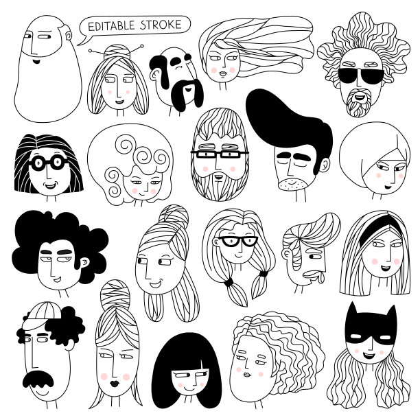 不同的面孔。向量素描头像图片下载