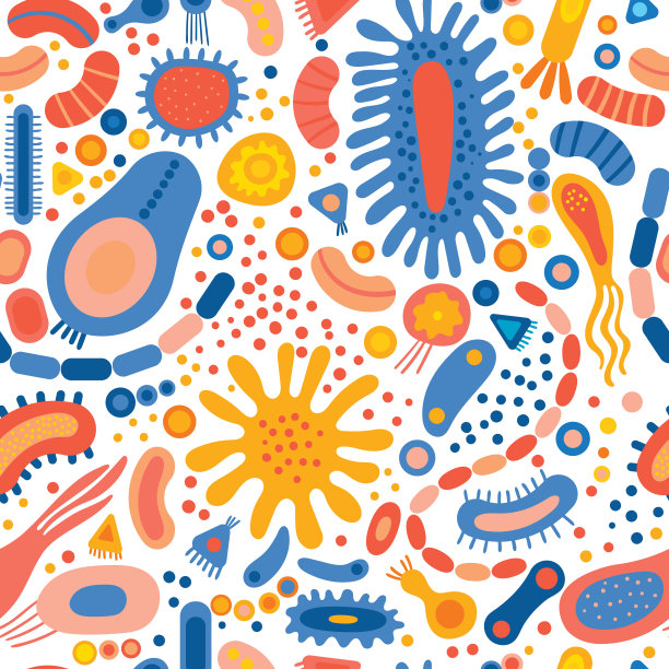与不同类型的微生物无缝模式。摘要背景的形状显微病毒，细菌，微生物，原生生物。彩色平面矢量插图孤立在白色背景。图片下载
