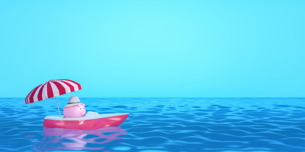 小猪银行休息和帆在公海上，夏季假期概念3d渲染图片下载