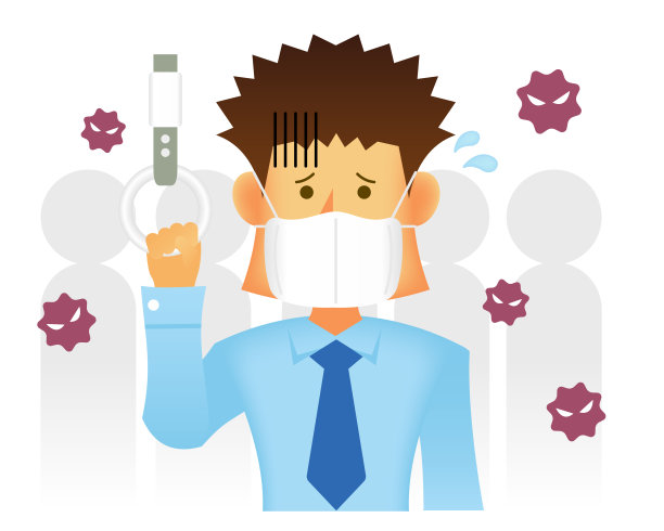 亚洲商人关注封闭空间(如通勤列车)的感染矢量图/冠状病毒，流感等。素材图片