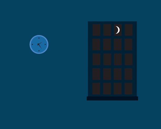 晚上房间的墙上有一个挂钟。平面设计的矢量插图。图片下载