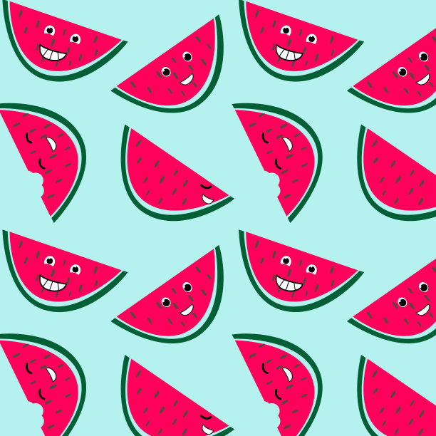 可爱的切片西瓜卡通风格在蓝色的背景。儿童印刷或海报设计，卡片，婴儿盘子，衣服，印刷材料，包装纸素材图片
