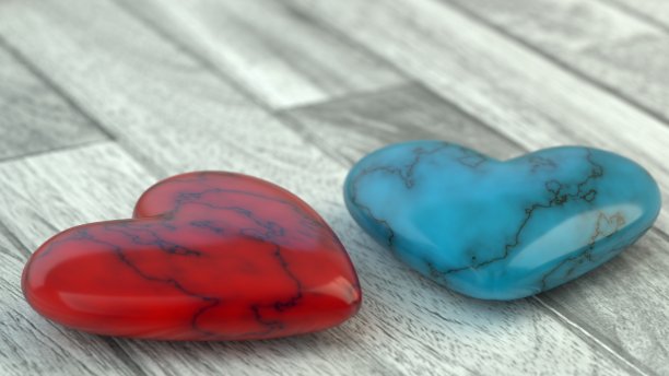 情人节木板上的红蓝色爱心，3D插画。图片下载